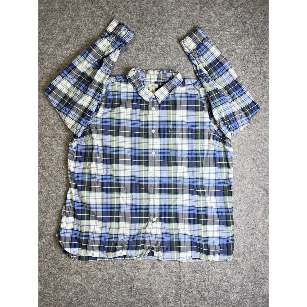 L.L. Bean Men's Size XL Long Sleeve Button Down Blue White Green Yellow Checker